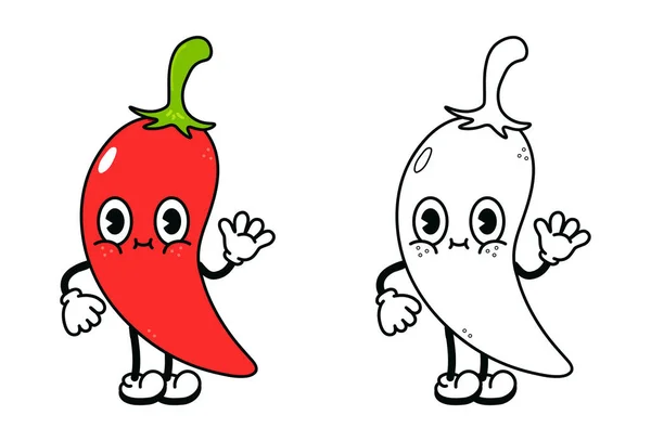 Nette Lustige Chili Pepper Winken Hand Charakter Umreißen Cartoon Illustration — Stockvektor
