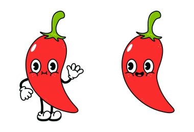 Sevimli komik kırmızı biber sallayan el karakteri. Vektör el geleneksel çizgi film klasiği, retro, kawaii karakter çizimi ikonu çizdi. Beyaz arka planda izole edilmiş. chili pepper karakter konsepti