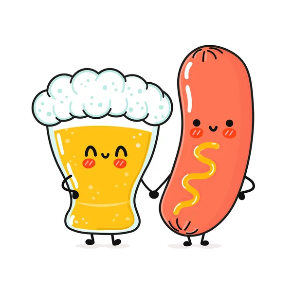 Cute Funny Happy Glass Beer Sausage Mustard Vector Hand Drawn —  Vetores de Stock