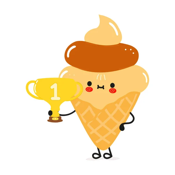 Cute Funny Ice Cream Hold Gold Trophy Cup Vector Hand — Stockvector