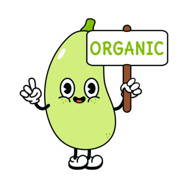 Üzerinde organik yazılar yazan sevimli bir sebze iliği. Vektör el geleneksel çizgi film klasiği, retro, kawaii karakter çizimi ikonu çizdi. İzole edilmiş arka plan. sebze iliği