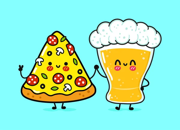 Cute Funny Happy Glass Beer Pizza Vector Hand Drawn Cartoon — стоковый вектор