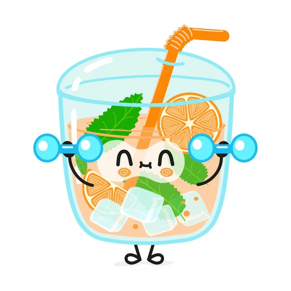 Dambılı komik portakal suyu karakteri. Vektör el çizimi çizgi film kawaii karakter çizimi simgesi. Beyaz arka planda izole edilmiş. Mutlu portakal suyu karakter spor salonu konsepti