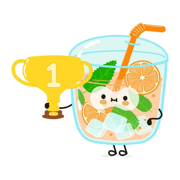 Cute Funny Orange Juice Hold Gold Trophy Cup Vector Hand — Stock Vector