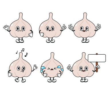 Komik sarımsaklı karakterler seti. Vektör el çizimi karalama tarzı geleneksel çizgi film klasiği, retro karakter çizim ikonu tasarımı. İzole edilmiş beyaz arka plan. Sarımsak karakterleri