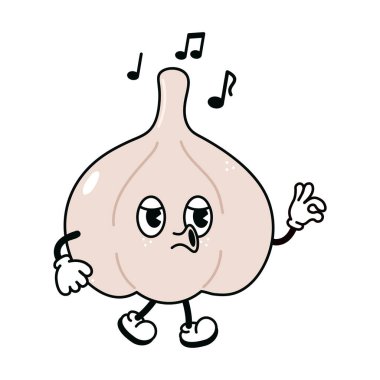 Sevimli komik sarımsaklı yürüyüş karakteri. Vektör el geleneksel çizgi film klasiği, retro, kawaii karakter çizimi ikonu çizdi. İzole edilmiş beyaz arka plan. Sarımsak yürüyüşü şarkısı