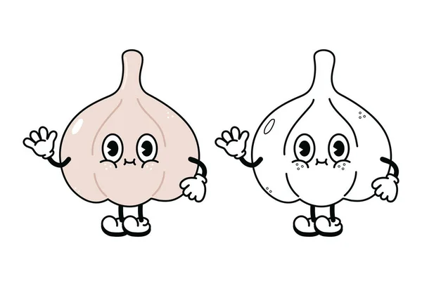 Cute Funny Garlic Waving Hand Character Outline Cartoon Illustration Coloring — Vettoriale Stock