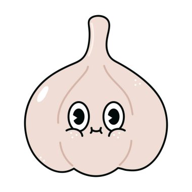 Sevimli komik sarımsak karakteri. Vektör el geleneksel çizgi film klasiği, retro, kawaii karakter çizimi ikonu çizdi. Beyaz arka planda izole edilmiş. Sarımsak karakteri