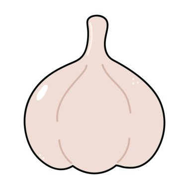 Sevimli komik sarımsak karakteri. Vektör el geleneksel çizgi film klasiği, retro, kawaii karakter çizimi ikonu çizdi. Beyaz arka planda izole edilmiş. Sarımsak karakteri