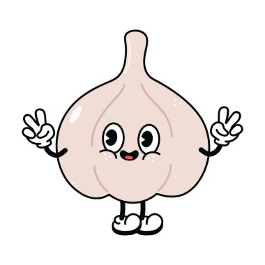 Sarımsak sallayan sevimli bir el karakteri. Vektör el geleneksel çizgi film klasiği, retro, kawaii karakter çizimi ikonu çizdi. Beyaz arka planda izole edilmiş. Sarımsak karakteri