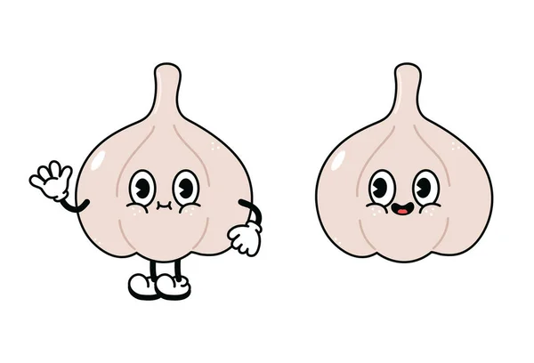 Cute Funny Garlic Character Vector Hand Drawn Traditional Cartoon Vintage — Vettoriale Stock