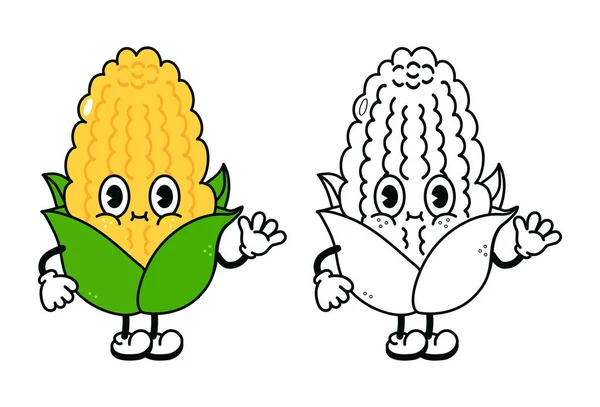 Cute Funny Corn Waving Hand Character Outline Cartoon Illustration Coloring — Stok Vektör