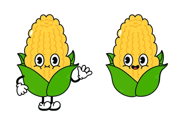Cute Funny Corn Waving Hand Character Outline Cartoon Illustration Coloring — Stock Vector