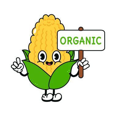 Üzerinde organik yazı olan şirin, komik bir mısır. Vektör el geleneksel çizgi film klasiği, retro, kawaii karakter çizimi ikonu çizdi. İzole edilmiş arka plan. Mutlu mısır karakteri