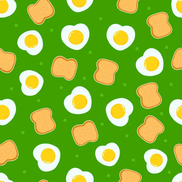 Nette Lustige Toastbrot Scheiben Geschnitten Und Eier Grün Muster Charakter — Stockvektor