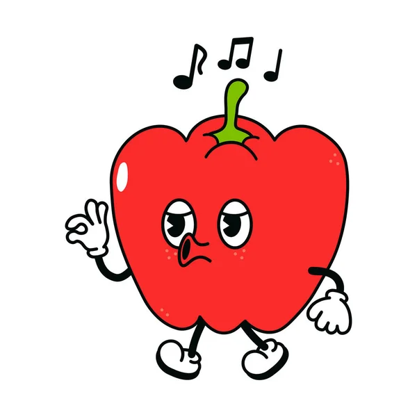 Cute Funny Pepper Walking Singing Character Vector Hand Drawn Traditional — Vetor de Stock