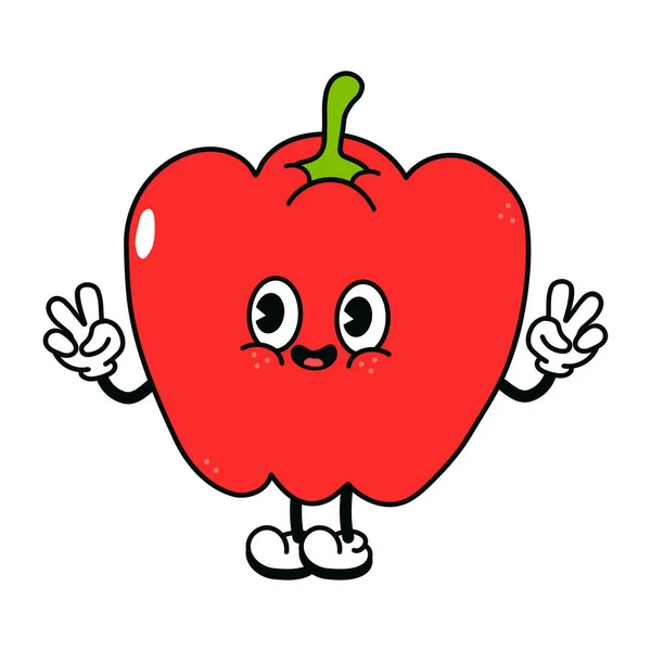 Cute Funny Red Pepper Waving Hand Character Vector Hand Drawn — Stock vektor