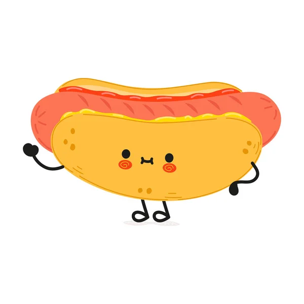 Mignon Personnage Drôle Hotdog Agitant Main Vecteur Dessin Main Dessin — Image vectorielle