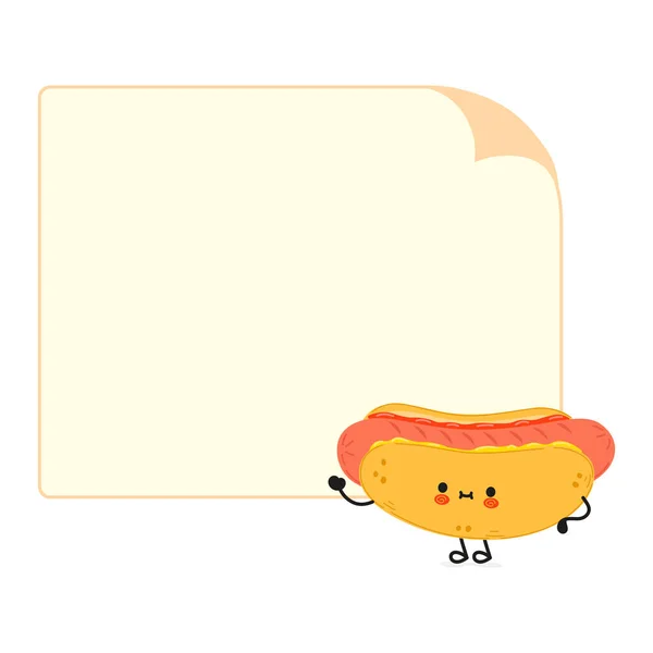 Cute funny hotdog character with speech bubble. Vector hand drawn cartoon kawaii character illustration icon. Isolated on white background. Hot dog character concept — Vetor de Stock