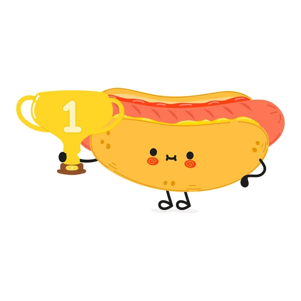 Cute funny hotdog hold gold trophy cup. Vector hand drawn cartoon kawaii character illustration icon. Isolated on white background. Hot dog with winner trophy cup — Stock Vector