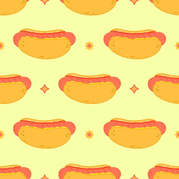 Niedliche Lustige Hotdog Muster Charakter Vector Handgezeichnete Karikatur Kawaii Charakter — Stockvektor