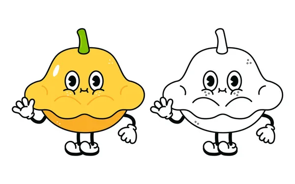 Cute Funny Yellow Squash Waving Hand Character Outline Cartoon Illustration — Vector de stock