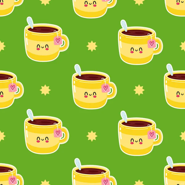 Cute Funny Yellow Cup Tea Pattern Character Vector Hand Drawn — Stockový vektor