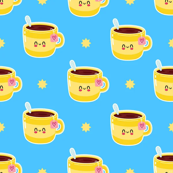 Cute Funny Yellow Cup Tea Pattern Blue Character Vector Hand — ストックベクタ