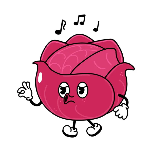 Cute Funny Red Cabbage Walking Singing Character Vector Hand Drawn — Foto Stock