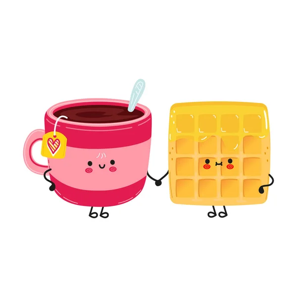 Sevimli bir fincan çay ve waffle kartı. Vektör el çizimi karikatür karakter çizim simgesi tasarımı. Mutlu çay ve waffle arkadaşları konsept kartı — Stok Vektör