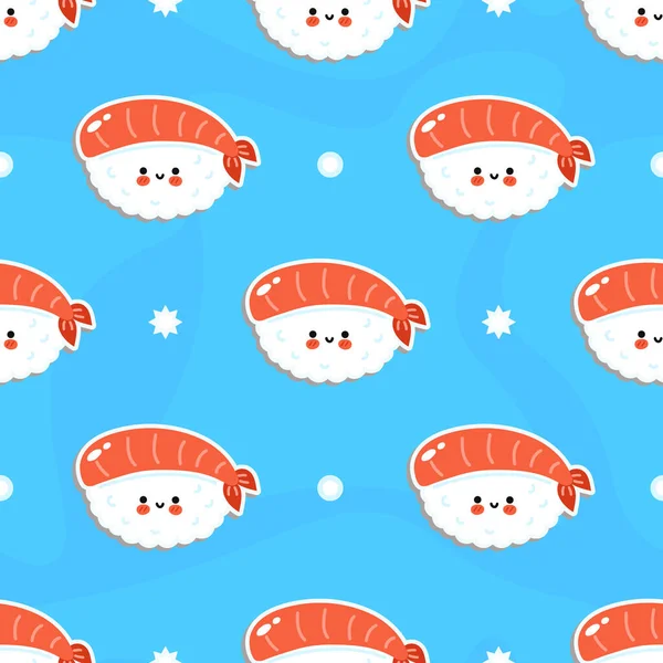 Cute funny sushi concept seamless blue pattern. Vector hand drawn cartoon kawaii character illustration icon. Cute kawaii sushi cartoon seamless pattern concept — ストックベクタ