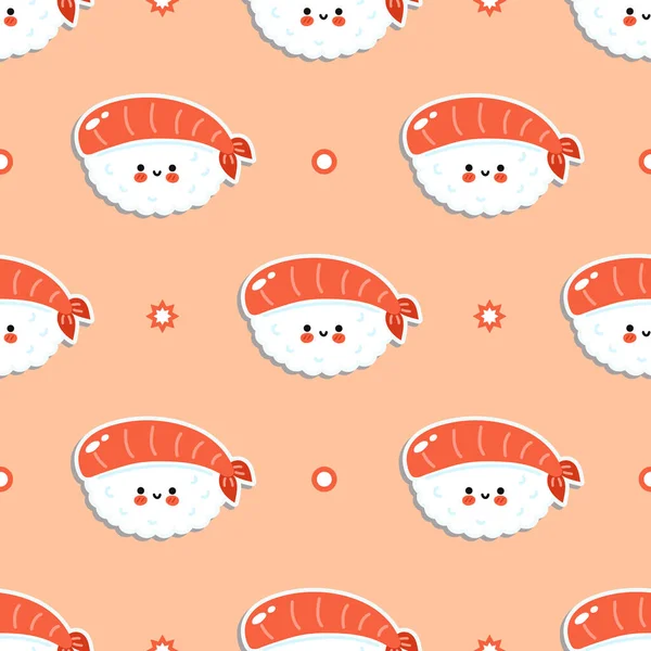 Bonito conceito de sushi engraçado sem costura padrão azul. Vector mão desenhada desenho animado ícone de ilustração personagem kawaii. Bonito kawaii sushi desenho animado sem costura conceito padrão —  Vetores de Stock