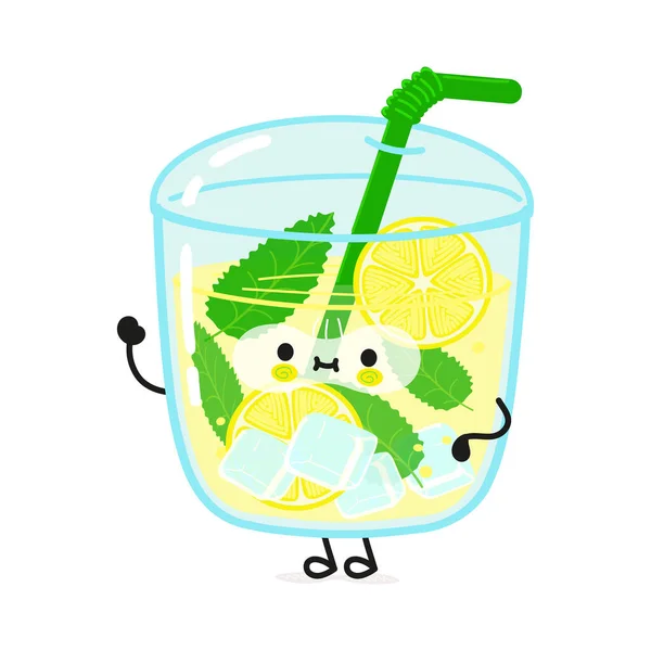 Cute funny lemonade waving hand character. Vector hand drawn cartoon kawaii character illustration icon. Isolated on white background. Lemonade character concept — ストックベクタ