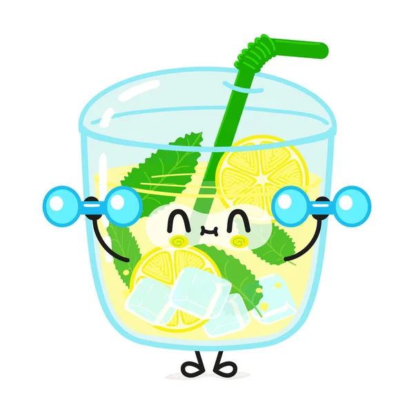 Carino personaggio divertente limonata con manubri. Vettore disegnato a mano cartone animato kawaii personaggio illustrazione icona. Isolato su sfondo bianco. Limonata personaggio palestra concetto — Vettoriale Stock