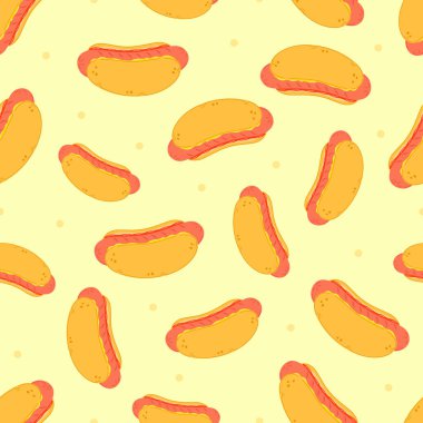 Cute funny hotdog pattern character. Vector hand drawn cartoon kawaii character illustration icon. Isolated on white background. Hot dog character concept