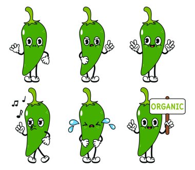 Komik yeşil biber karakterleri seti. Vektör el çizimi karalama tarzı geleneksel çizgi film klasiği, retro karakter çizim ikonu tasarımı. İzole edilmiş beyaz arka plan. Kırmızı biber.