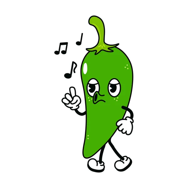 Nette Lustige Chili Pepper Walking Singing Charakter Vector Handgezeichnete Traditionelle — Stockvektor