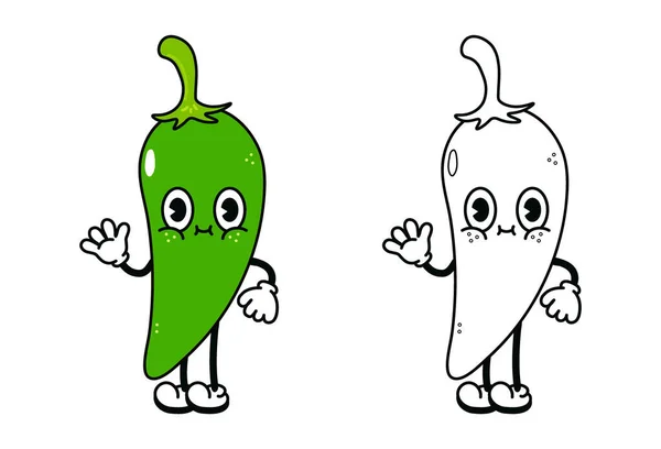 Cute Funny Green Chili Pepper Waving Hand Character Outline Cartoon — Stok Vektör
