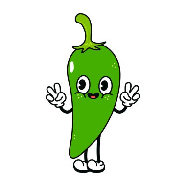 Cute funny green chili pepper waving hand character. Vector hand drawn traditional cartoon vintage, retro kawaii character illustration icon. Isolated white background. chili pepper character concept