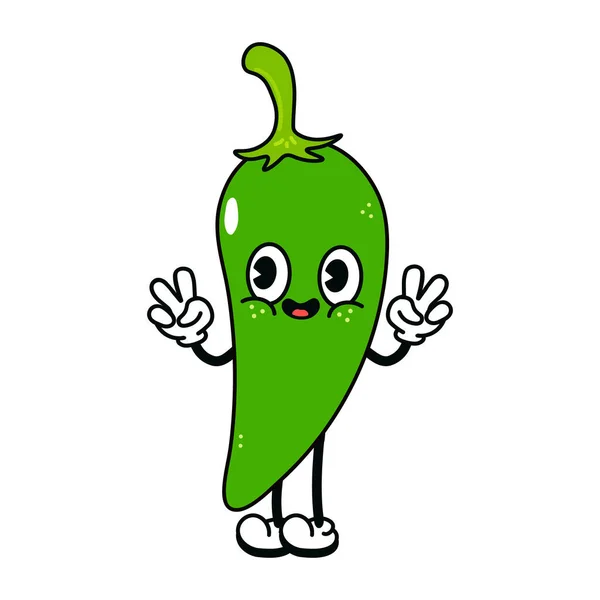 Симпатичный Забавный Зеленый Перец Чили Размахивающей Рукой Персонажа Векторный Ручной — стоковый вектор