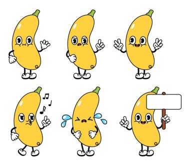 Komik sarı sebze iliği karakterleri seti. Vektör el çizimi karalama tarzı geleneksel çizgi film klasiği, retro karakter çizim simgesi. İzole edilmiş beyaz arka plan. Sebze iliği