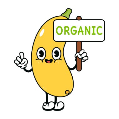 Üzerinde organik karakter yazan sevimli, komik, sarı bir sebze iliği. Vektör el geleneksel çizgi film klasiği, retro, kawaii karakter çizimi ikonu çizdi. İzole edilmiş arka plan. sebze iliği