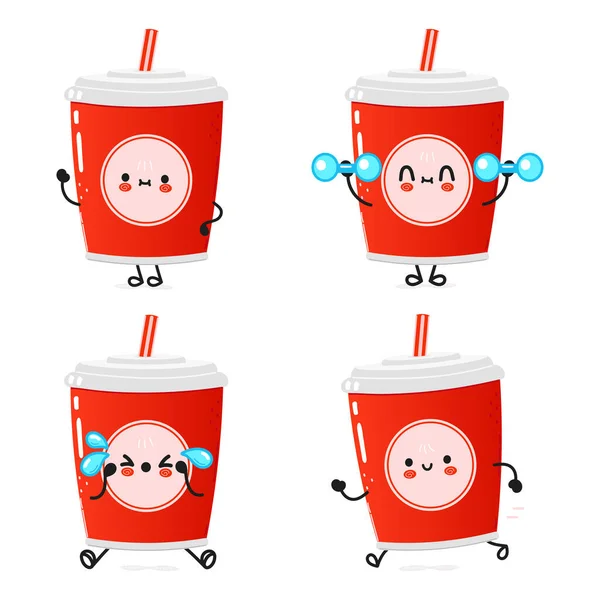 Vicces Aranyos Boldog Piros Műanyag Csésze Hideg Ital Kóla Szalma — Stock Vector