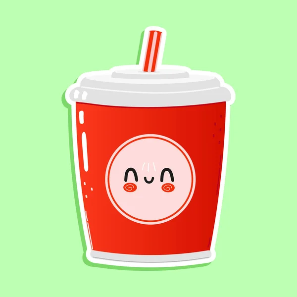 Lindo Divertido Rojo Taza Plástico Bebida Fría Cola Pegatina Paja — Vector de stock