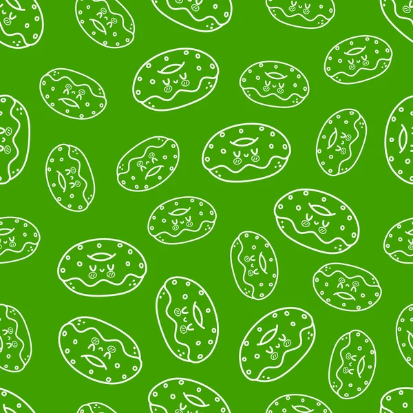 Niedliche Lustige Donuts Konzept Nahtlose Grüne Muster Vector Handgezeichnete Karikatur — Stockvektor