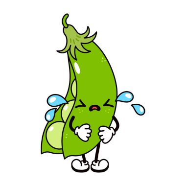 Sevimli, ağlayan, üzgün bezelye karakteri. Vektör el geleneksel çizgi film klasiği, retro, kawaii karakter çizimi ikonu çizdi. Beyaz arka planda izole edilmiş. Bezelye kabuğu karakteri kavramı