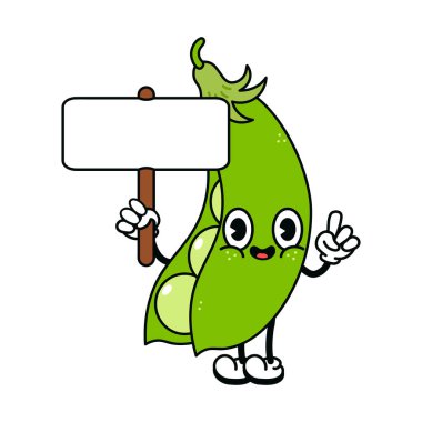 Üzerinde organik yazı olan şirin bezelyeler. Vektör el geleneksel çizgi film klasiği, retro, kawaii karakter çizimi ikonu çizdi. İzole edilmiş beyaz arka plan. Bezelye kabuğu karakteri