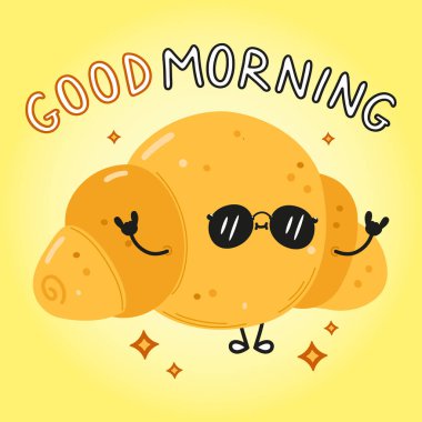 Tatlı komik kruvasan kartı. Vektör el çizimi çizgi film kawaii karakter çizimi simgesi. Sarı arka planda izole edilmiş. Mutlu kruvasan karakter konsepti