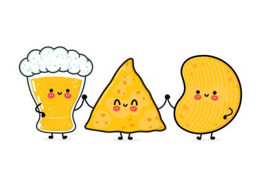 Sevimli, neşeli bir bardak bira, cips ve cips. Vektör el çizimi çizgi film kawaii karakterleri, illüstrasyon simgesi. Komik, mutlu bir çizgi film bardağı bira cipsi maskot arkadaşlar emoji, çocuk, bebek, yüz