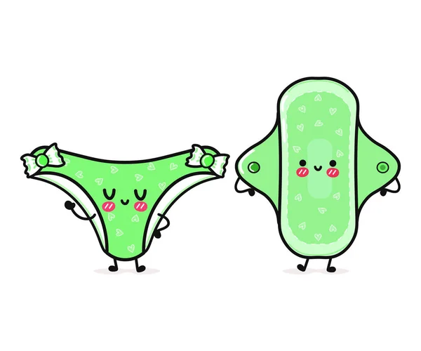 Bonito Engraçado Feliz Calcinha Verde Almofada Menstrual Vector Mão Desenhada — Vetor de Stock